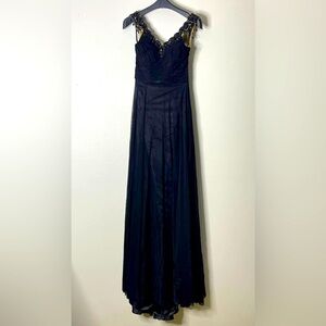 Sherri Hill  Long Gown, Black,,Sz 4, NWT, Beaded Neckline, Open Back,  V-Neck
